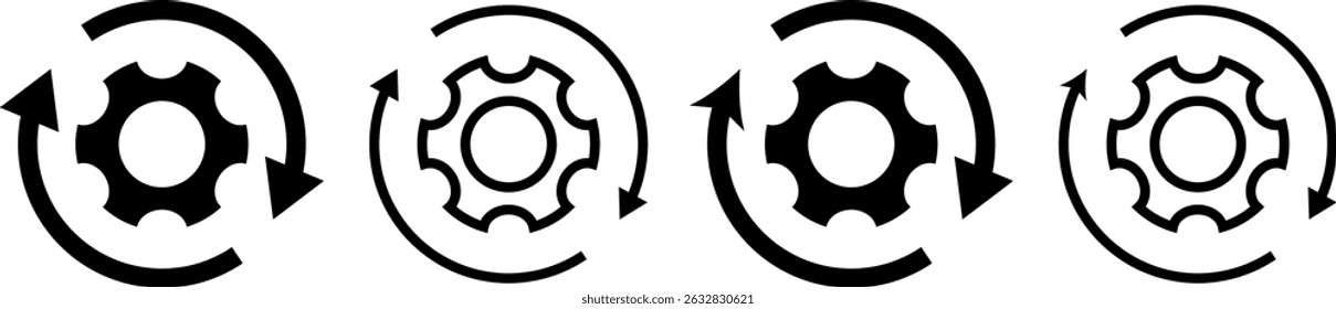 Update icon set. Moving gears with circular arrows. progress bar and install icon. Loading process. Industrial cycle concept. Rotating gear wheel 