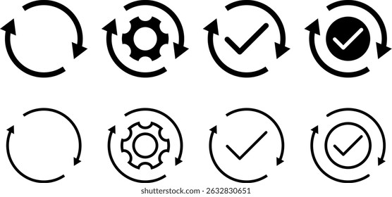 Update icon set. Moving gears with circular arrows. progress bar and install icon. Loading process. Industrial cycle concept. Rotating gear wheel 