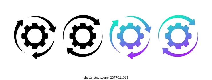 Update icon settings. Different styles, colors, updating settings, arrows in a gear circle. Vector icons