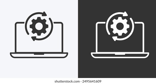 Icono del Actualizar y el icono plano del sistema del Mejorar aislados en el fondo. Mejorar del sistema y proceso de carga. Instalación de aplicación o software. Portátil con equipo. Ilustración vectorial.