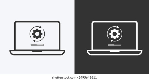 Update icon and upgrade system flat icon isolated on background. System upgrade, and loading process. Installation of application or software. Laptop with gear. Vector illustration.