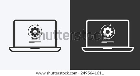 Update icon and upgrade system flat icon isolated on background. System upgrade, and loading process. Installation of application or software. Laptop with gear. Vector illustration.