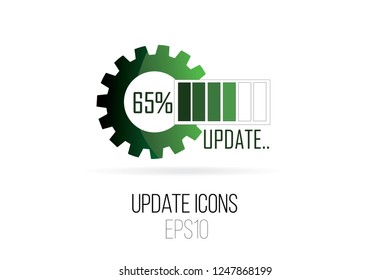 Update icons for technology. Gear with UPDATING text and progress bar. EPS10 vector.