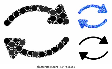 Update mosaic of circle elements in various sizes and shades, based on update icon. Vector round elements are united into blue mosaic. Dotted update icon in usual and blue versions.