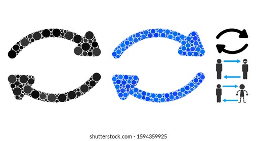 Update mosaic of small circles in variable sizes and color tones, based on update icon. Vector random circles are organized into blue mosaic. Dotted update icon in usual and blue versions.