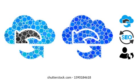 Update mosaic of spheric dots in different sizes and color hues, based on update icon. Vector circle elements are combined into blue mosaic. Dotted update icon in usual and blue versions.