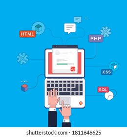 update the operating system with a progress bar. Software updates and installation programs. Concept of system update, integration, software installation. UI vector illustration