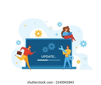 Actualizar el concepto del sistema operativo con la ilustración vectorial de personas.  Diseño plano de instalación de barra de progreso, actualización del sistema, integración, aumento de la seguridad y privacidad de los usuarios, instalación de programas de software