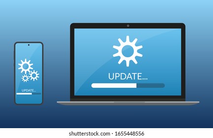 Aktualisieren des Prozessdesigns. Laptop und Smartphone oder Handy mit Fortschrittsbalken auf dem Bildschirm. Aktualisieren Sie Software oder Computersystemkonzept. Vektorillustration. 