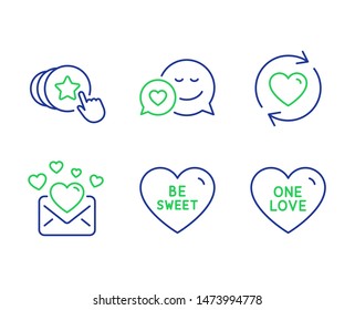 Update relationships, Be sweet and Dating line icons set. Love mail, Hold heart and One love signs. Valentines letter, Sweet heart. Love set. Line update relationships outline icons. Vector