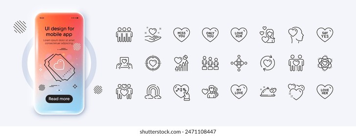 Aktualisiere Beziehungen, Say Yes und Heart Line Icons für Web App. Der Farbverlaufsbildschirm für Telefonmockups. Pack of My love, Romantisches Abendessen, Man Liebe Piktogramm Icons. Herzschlag, Geschlechter, Freundschaftszeichen. Vektorgrafik