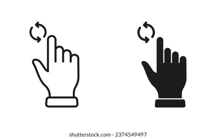 Update, Repeat, Circle Arrows with Hand Finger Line and Silhouette Black Icon Set. Swipe for Refresh Website Page Pictogram. Reload Gesture Symbol Collection. Isolated Vector Illustration.