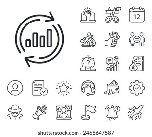 Actualizar Gráfico de informe o signo de crecimiento de ventas. Iconos de salariales, igualdad de género y campanas de alerta. Icono de línea de gráfico. Símbolo de datos de análisis y estadísticas. Signo de línea de datos del Actualizar. Vector