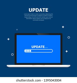 An update ribbon is displayed on the computer's blue screen. On the background of many transparent objects. Top text is written.