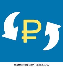 Update Rouble Balance vector icon. Style is bicolor flat symbol, yellow and white colors, rounded angles, blue background.