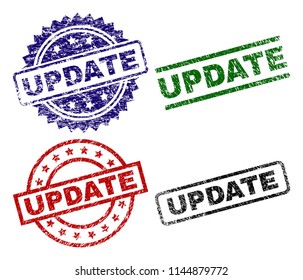 UPDATE seal prints with distress surface. Black, green,red,blue vector rubber prints of UPDATE tag with retro surface. Rubber seals with round, rectangle, medal shapes.