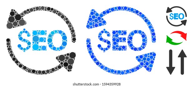 Update seo composition of round dots in variable sizes and color tones, based on update seo icon. Vector round dots are united into blue composition. Dotted update seo icon in usual and blue versions.