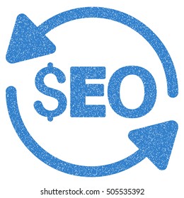 Update Seo grainy textured icon for overlay watermark stamps. Flat symbol with dust texture. Dotted vector cobalt ink rubber seal stamp with grunge design on a white background.