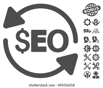 Update Seo icon with bonus tools clip art. Vector illustration style is flat iconic symbols, gray color, white background.