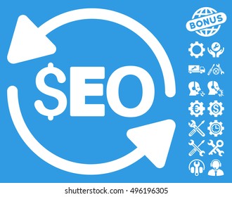 Update Seo icon with bonus tools pictograph collection. Vector illustration style is flat iconic symbols, white color, blue background.