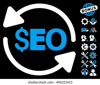 Update Seo icon with bonus tools graphic icons. Vector illustration style is flat iconic bicolor symbols, blue and white colors, black background.