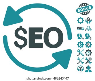 Update Seo icon with bonus tools pictogram. Vector illustration style is flat iconic bicolor symbols, soft blue colors, white background.