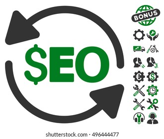 Update Seo icon with bonus tools symbols. Vector illustration style is flat iconic bicolor symbols, green and gray colors, white background.