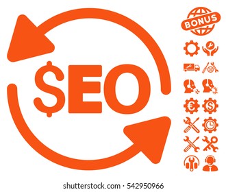 Update Seo icon with bonus tools icon set. Vector illustration style is flat iconic symbols, orange color, white background.