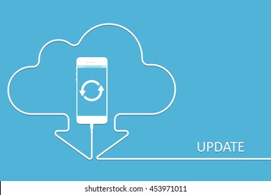 Update Smartphone App, Vector. Outline Mobile Phone Software Cloud. Charging In Style Wire Download.