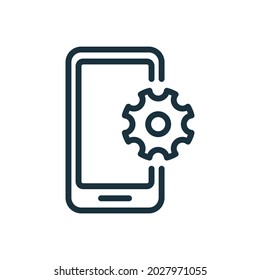 Update Smartphone Line Icon. Updating Operating System Or Repair Of Mobile Phone Linear Pictogram. Setting Up Smartphone Concept. Gear And Mobile Outline Icon. Editable Stroke. Vector Illustration.