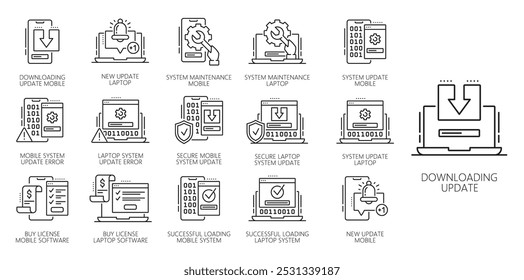 Update software app line icons for computer or mobile phone application, vector pictograms. Update software app line icons of upgrade installation progress bar, system new OS version download process