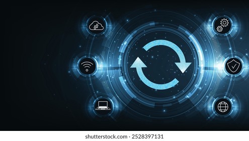 Atualizar software. Ícone de atualização em um fundo azul escuro. modernize, lançado nova versão, Programa de computador atualizar o conceito de internet de tecnologia empresarial. 