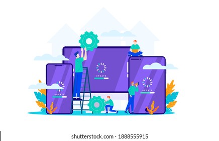 Update Software Mini People Work With Upgrade System Flat Illustration