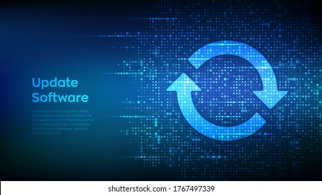 Software aktualisieren. Upgrade des Computerprogrammversionskonzepts. Synchronisierungssymbole, die mit Binärcode erstellt wurden. Digitale Binärdaten und digitaler Streaming-Code. Matrix-Hintergrund mit Ziffern 1.0. Vektorgrafik.