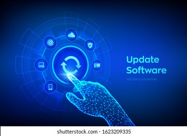 Update Software. Upgrade Software version concept on virtual screen. Computer program upgrade business technology internet concept. Robotic hand touching digital interface. Vector illustration.