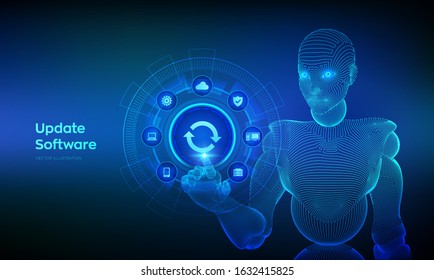 Update Software. Upgrade Software version concept on virtual screen. Computer program upgrade technology internet concept. Wireframed cyborg hand touching digital interface. Vector illustration.