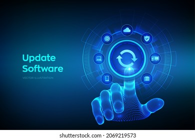 Update Software. Upgrade Software version concept on virtual screen. Computer program upgrade business technology internet concept. Wireframe hand touching digital interface. Vector illustration.