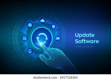 Update Software. Upgrade Software version concept on virtual screen. Computer program upgrade business technology internet concept. Robotic hand touching digital interface. Vector illustration.