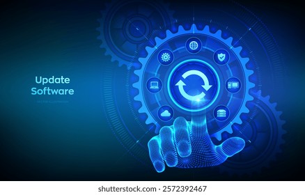 Update Software. Upgrade Software version concept on virtual screen. Computer program upgrade technology internet concept. Hand touching digital interface with connected gears cogs and icons. Vector.