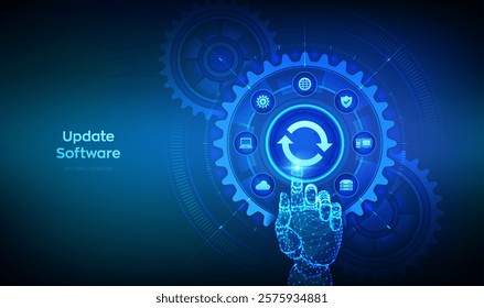 Update Software. Upgrade Software version concept on virtual screen. Computer program upgrade technology internet concept. Hand touching digital interface with connected gears cogs and icons. Vector.