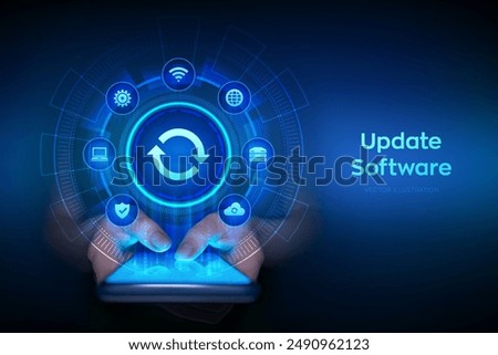 Update Software. Upgrade Software version concept. Computer program upgrade business technology internet concept. Smartphone in hands. Using smartphone. Vector illustration.