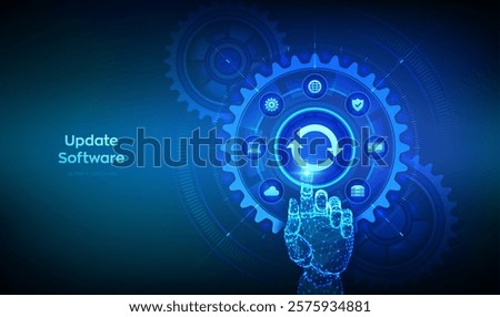 Update Software. Upgrade Software version concept on virtual screen. Computer program upgrade technology internet concept. Hand touching digital interface with connected gears cogs and icons. Vector.