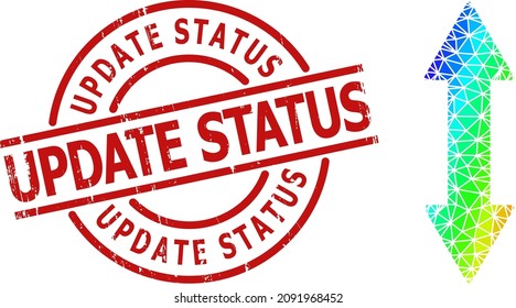 Update Status textured stamp imitation and low-poly spectrum colored vertical exchange arrow icon with gradient. Red stamp includes Update Status caption inside round and lines shape.