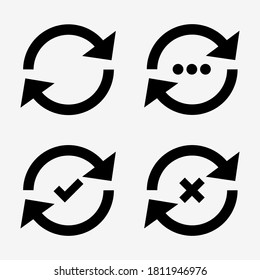 Update, Sychronisation Konzept schwarze Symbole gesetzt. Rotation der Pfeilschleife Symbole. Status aktualisieren: in Bearbeitung, prüfen, scheitern. Isolierte Design-Synchronisierungszeichen der Benutzeroberfläche auf weißem Hintergrund. Vektorgrafik.