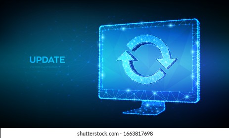 Update, Synchronization, Processing concept. Abstract low polygonal computer monitor with update or sync sign. Can be used for topics like refresh, recycling, reload. 3D polygonal vector illustration.