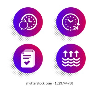 Update time, 24 hours and Handout icons simple set. Halftone dots button. Evaporation sign. Refresh clock, Time, Documents example. Global warming. Education set. Classic flat update time icon. Vector