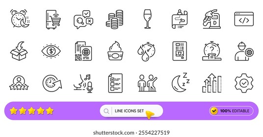 Update time, Analysis graph and Engineer line icons for web app. Pack of Coffee vending, Execute, Diesel station pictogram icons. Qr code, Coins, Human rating signs. Journey path. Search bar. Vector