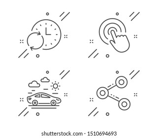 Update time, Click and Car travel line icons set. Share sign. Refresh clock, Cursor pointer, Transport. Follow network. Business set. Line update time outline icon. Vector