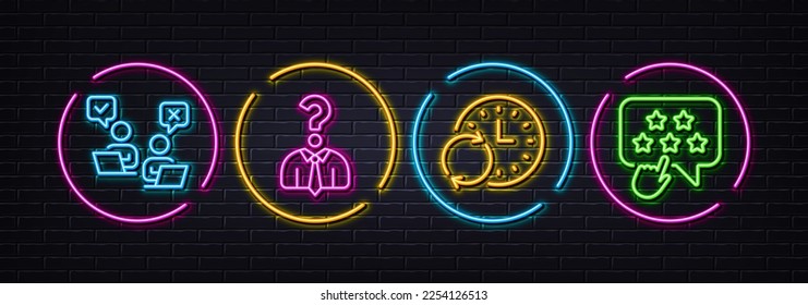 Update time, Hiring employees and Online voting minimal line icons. Neon laser 3d lights. Ranking star icons. For web, application, printing. Refresh clock, Human resources, Internet poll. Vector