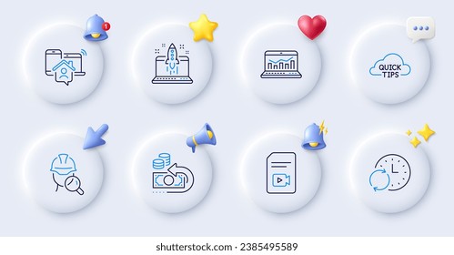 Update time, Inspect and Video file line icons. Buttons with 3d bell, chat speech, cursor. Pack of Start business, Work home, Web analytics icon. Quick tips, Cash back pictogram. Vector